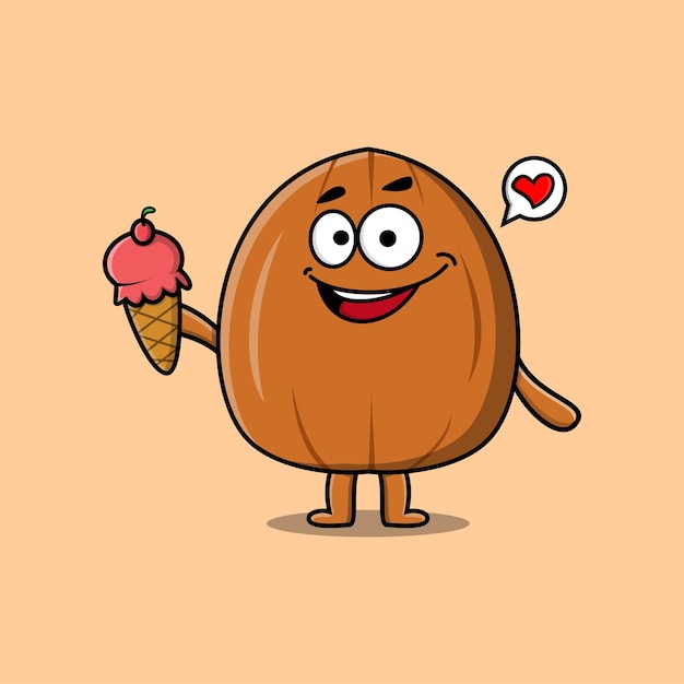 Lindo personaje de nuez de almendra de dibujos animados con cono de helado en ilustración plana moderna