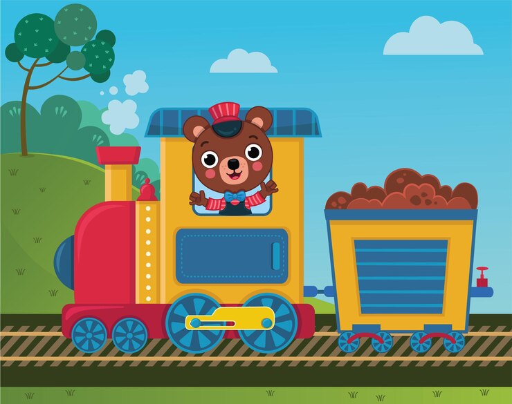 Vector lindo personaje de oso está conduciendo un tren ilustración vectorial