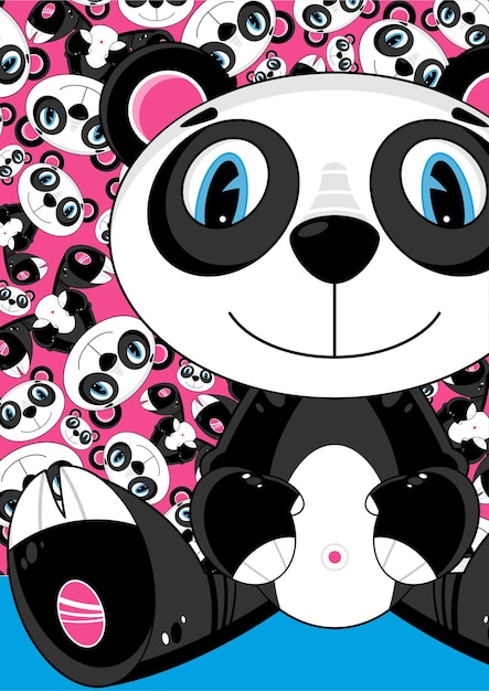 Lindo personaje de oso panda de dibujos animados sobre fondo estampado