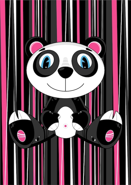 Lindo personaje de oso panda de dibujos animados sobre fondo rayado