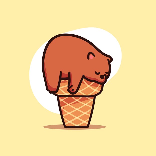 Lindo personaje de oso pardo durmiendo en la ilustración de cono de helado