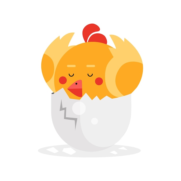 Lindo personaje de pájaro amarillo recién nacido, divertido polluelo en vector de dibujos animados de huevo ilustración sobre un fondo blanco
