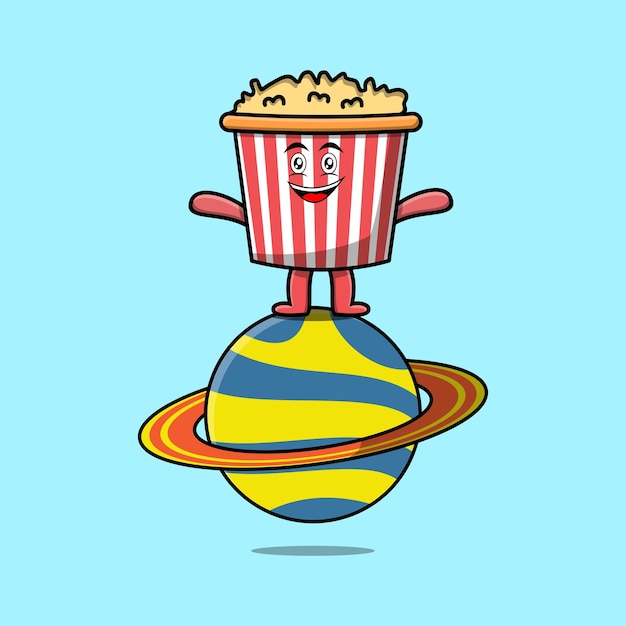 Lindo personaje de palomitas de dibujos animados de pie en la ilustración del icono del vector del planeta