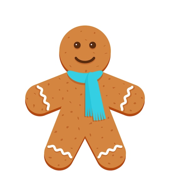 Lindo personaje de pan de jengibre en diseño plano de dibujos animados Hombre de pan de jengibre con bufanda azul Galletas clásicas de Navidad