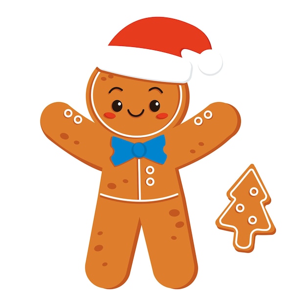 Lindo personaje de pan de jengibre con un gorro de Papá Noel, feliz Navidad, gráfico vectorial