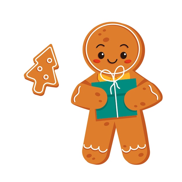 Lindo personaje de pan de jengibre con un gráfico vectorial de regalo Feliz Navidad