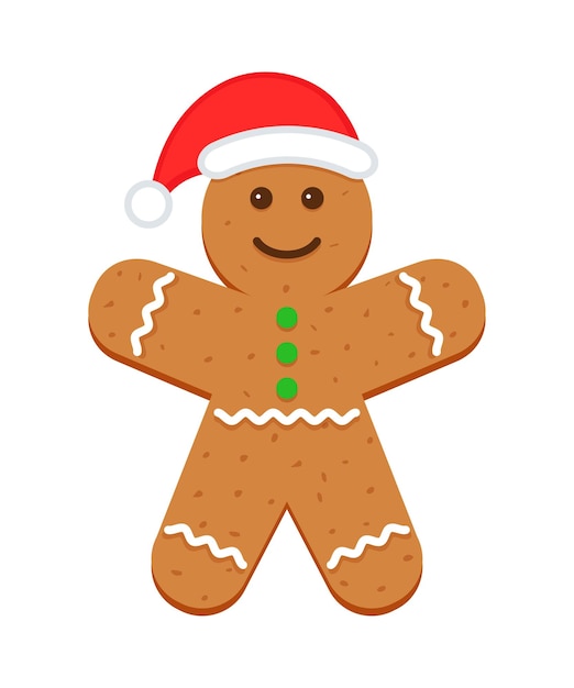 Lindo personaje de pan de jengibre con sombrero de santa Hombre de pan de jengibre en diseño plano de dibujos animados Galletas clásicas de Navidad
