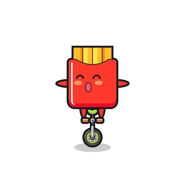 El lindo personaje de papas fritas está montando una bicicleta de circo, diseño de estilo lindo para camiseta, pegatina, elemento de logotipo