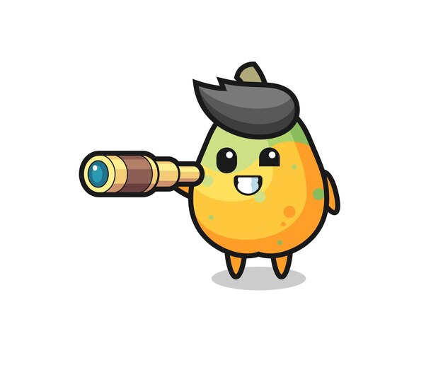 Vector lindo personaje de papaya sostiene un viejo telescopio