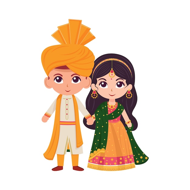 Vector lindo personaje de pareja de bodas indias con atuendo tradicional en pose de pie