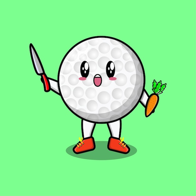 Lindo personaje de pelota de golf de dibujos animados con cuchillo y zanahoria en un diseño de estilo moderno