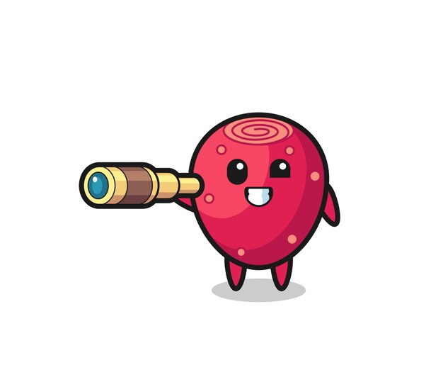 Lindo personaje de pera espinosa sostiene un telescopio viejo