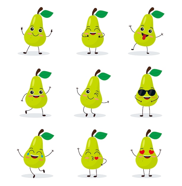 Lindo personaje de pera feliz Emoticon de fruta divertida en estilo plano