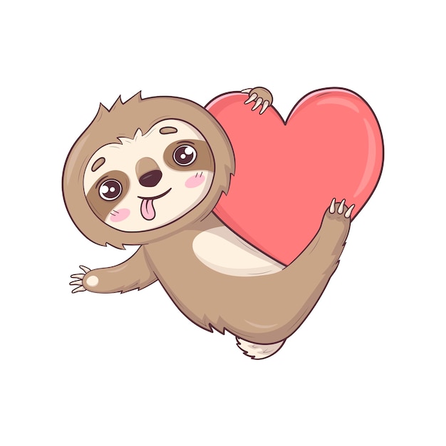 Lindo personaje perezoso Kawaii pesa en un corazón como en una rama para el Día de San Valentín