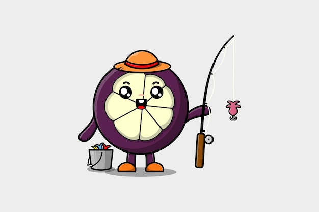 Lindo personaje de pesca listo para mangostán de dibujos animados