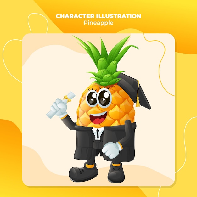 Un lindo personaje de piña con una gorra de graduación y un diploma en la mano.