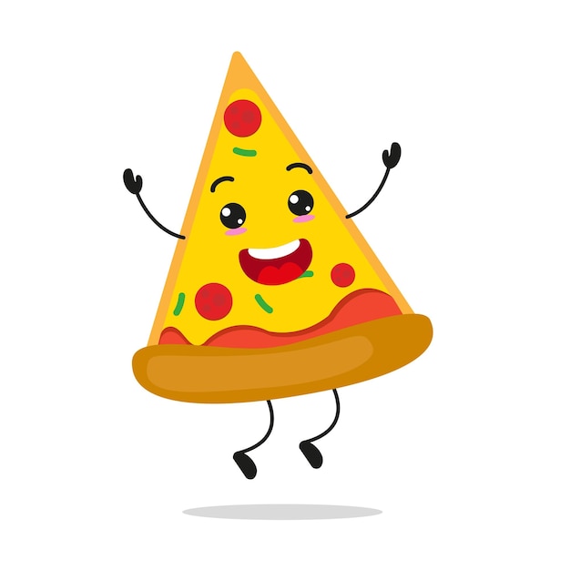 Lindo personaje de pizza feliz Divertido emoticono de dibujos animados de pastel de salto en estilo plano