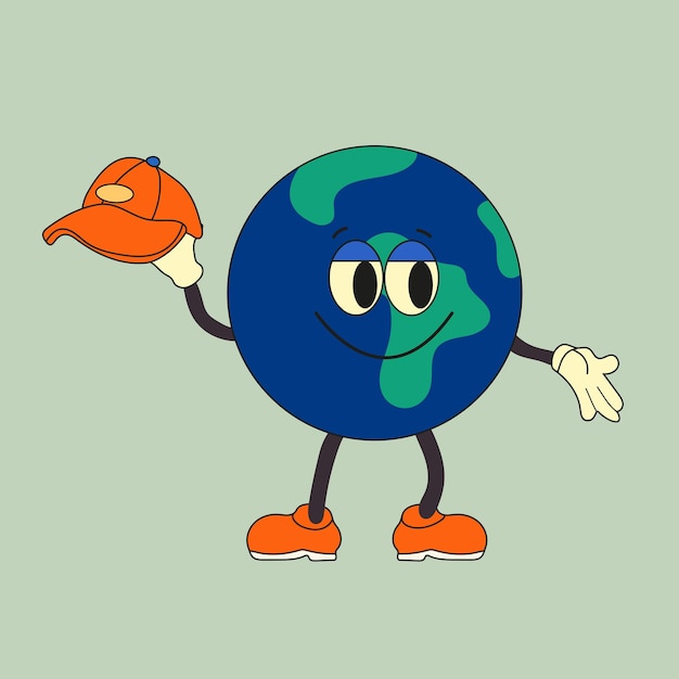 Lindo personaje del planeta tierra Lindo globo terráqueo con emociones cara manos gorra pies en zapatos