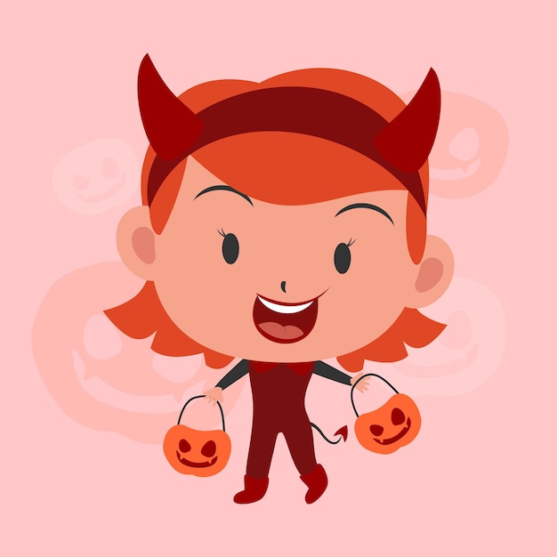 Lindo personaje plano de Halloween Niños en traje rojo malvado