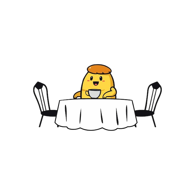Lindo personaje de pudín disfrutando del té en una mesa con sillas Ilustración vectorial de estilo dibujos animados