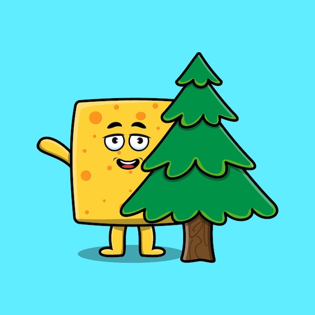 Lindo personaje de queso de dibujos animados que oculta el árbol en un diseño moderno en 3d