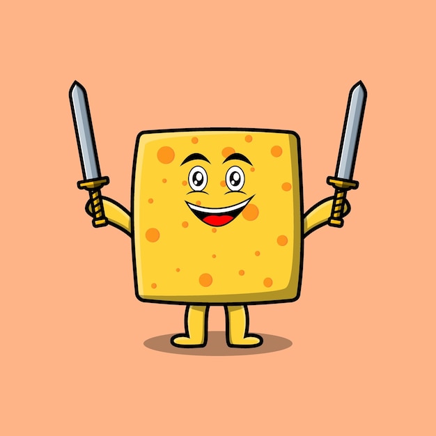 Lindo personaje de queso de dibujos animados sosteniendo dos espadas en un diseño moderno 3d