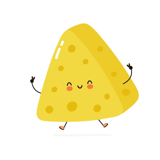 Lindo personaje de queso divertido. Vector icono de ilustración de personaje de kawaii de dibujos animados dibujados a mano. Aislado sobre fondo blanco. Concepto de personaje de dibujos animados bebé queso lindo kawaii