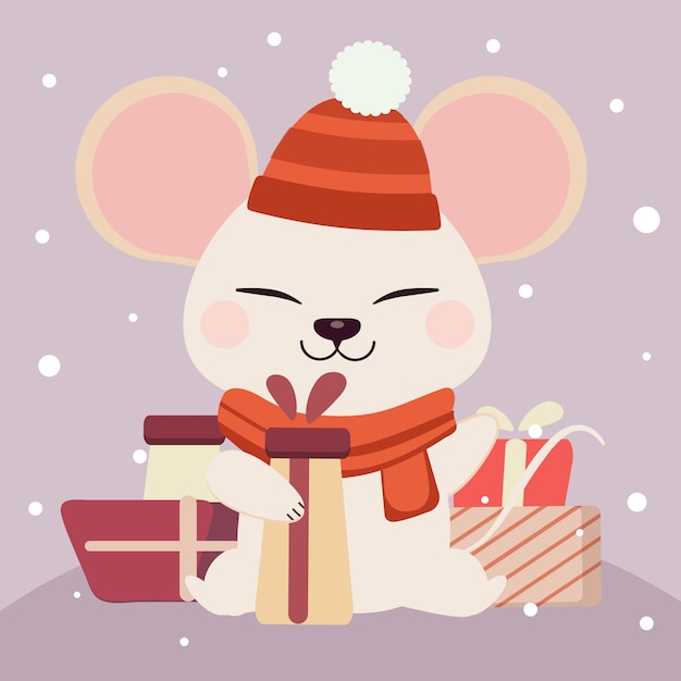 Lindo personaje de ratón blanco con una caja de regalo