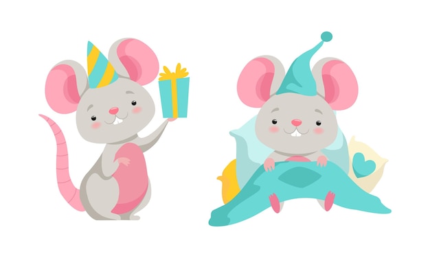 El lindo personaje de ratón gris en Night Cap Under Blanket y el conjunto vectorial de la caja de regalos