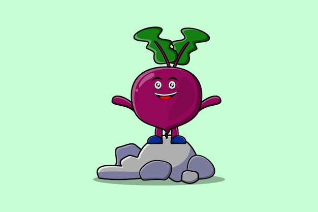 Lindo personaje de remolacha de dibujos animados de pie en estilo de dibujos animados de ilustración de vector de piedra