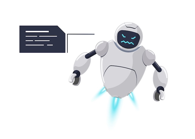 Lindo personaje de robot volador blanco enojado. Mascota de chatbot futurista furiosa con bocadillo. Problema de comunicación de bot malvado en línea de dibujos animados de tecnología. La asistencia de IA robótica habla de emoción de rabia. Eps vectoriales