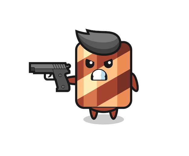 El lindo personaje de rollo de obleas dispara con una pistola, diseño de estilo lindo para camiseta, pegatina, elemento de logotipo