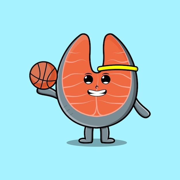 Lindo personaje de salmón fresco de dibujos animados jugando baloncesto