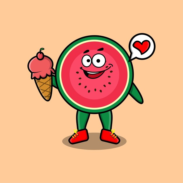 Vector lindo personaje de sandía de dibujos animados con cono de helado