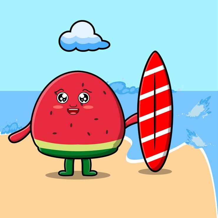 Vector lindo personaje de sandía de dibujos animados jugando al surf con tabla de surf