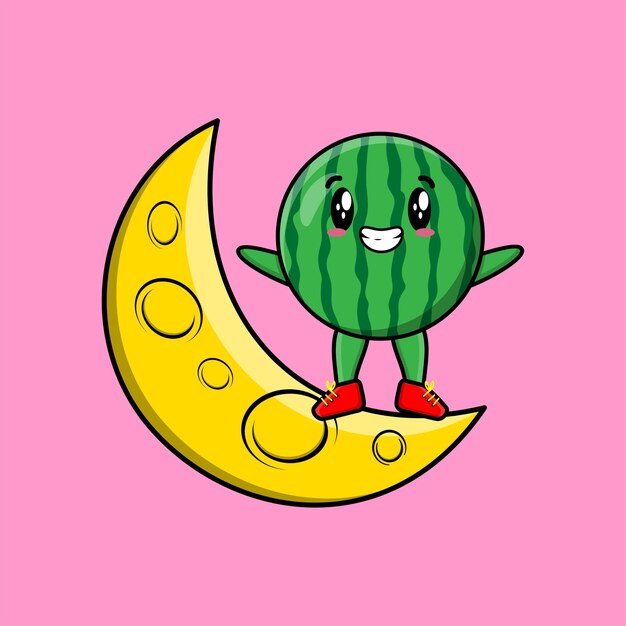 Lindo personaje de sandía de dibujos animados de pie en la luna creciente en un diseño moderno 3d