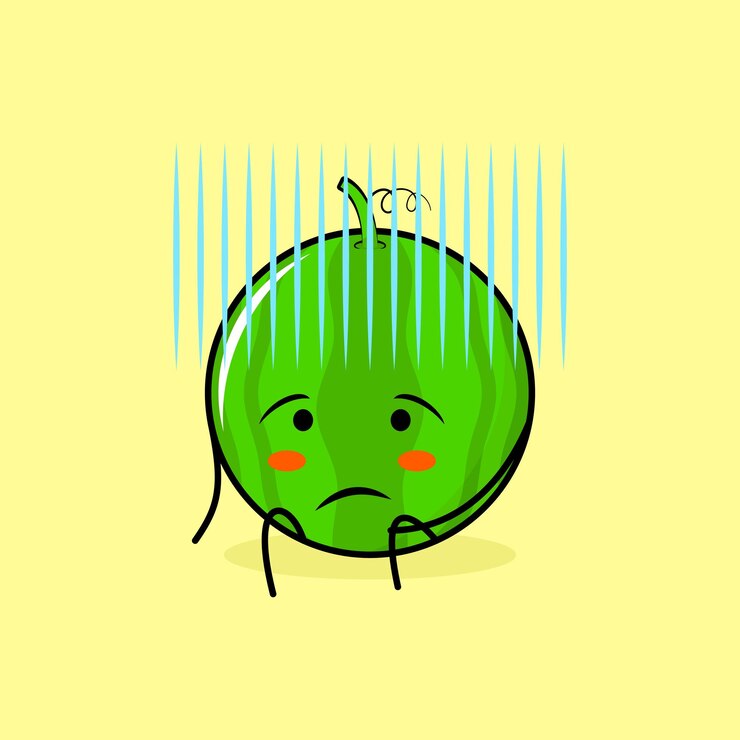 Vector lindo personaje de sandía con expresión desesperada y siéntate. verde y amarillo