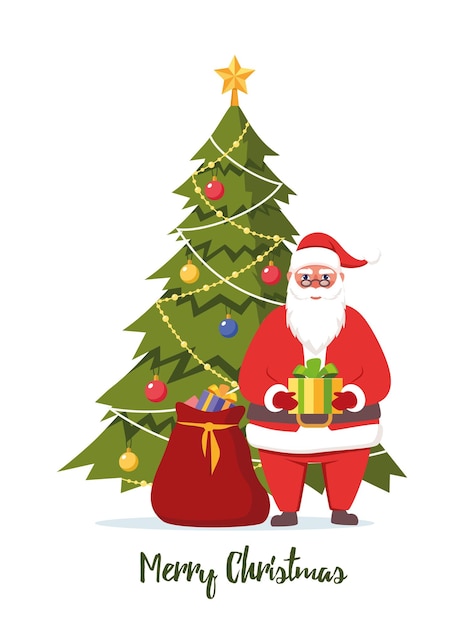 Lindo personaje de Santa Claus con regalo en sus manos y árbol de Navidad decorado detrás de él Santa