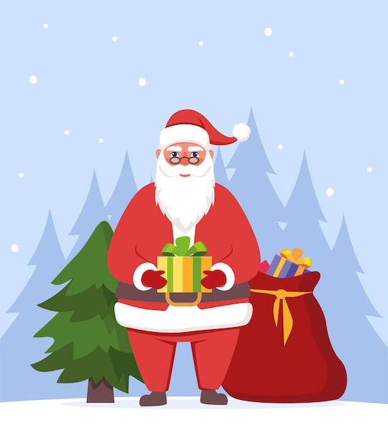 Lindo personaje de Santa Claus con regalo en sus manos Santa sonriendo y mostrando una enorme caja de regalo