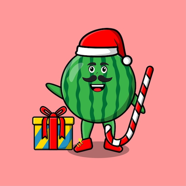 lindo personaje de santa claus de sandía de dibujos animados está trayendo bastones de caramelo y cajas de navidad