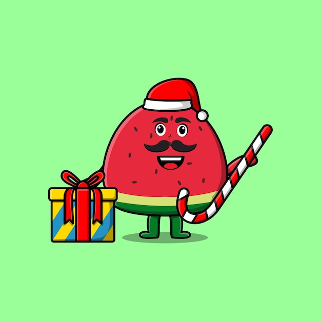 lindo personaje de santa claus de sandía de dibujos animados está trayendo bastones de caramelo y cajas de navidad