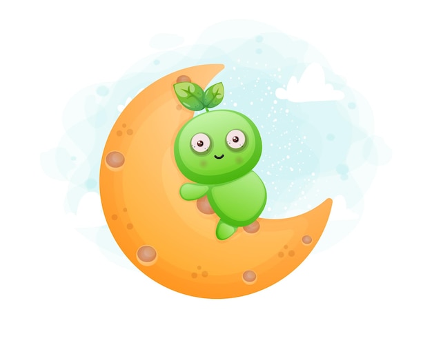 Lindo personaje de semilla abrazando a una luna. Personaje de mascota alienígena Vector Premium