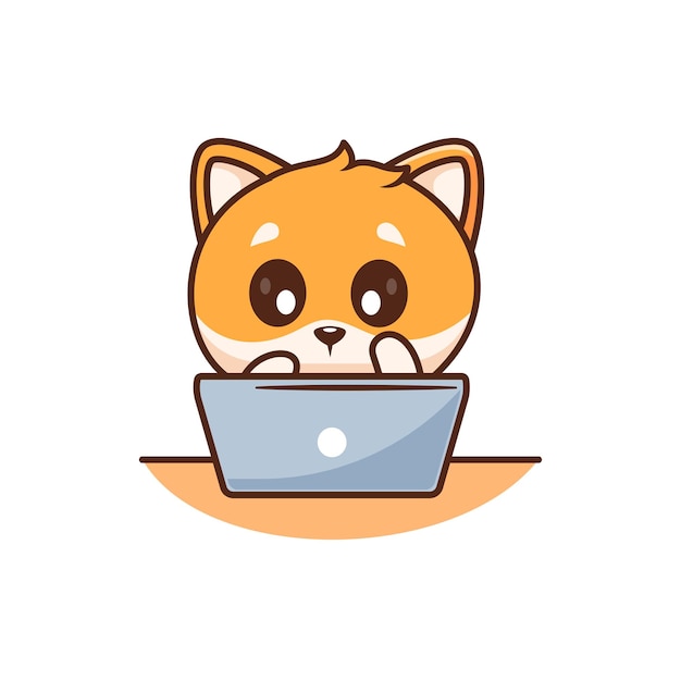 lindo personaje de Shiba Inu en la ilustración de una computadora portátil muestra una colección de elementos adhesivos aislados