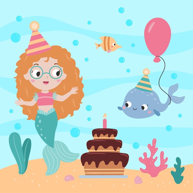 Lindo personaje de sirena con pastel de cumpleaños