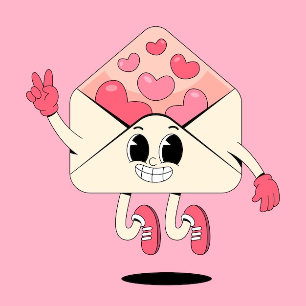 Lindo personaje de sobre de dibujos animados con corazones, signo de paz y sonrisa
