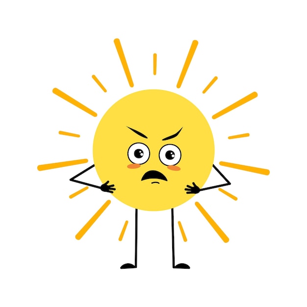 Lindo personaje de sol con emociones enojadas cara gruñona ojos furiosos brazos y piernas Persona con expresión molesta y pose Vector ilustración plana