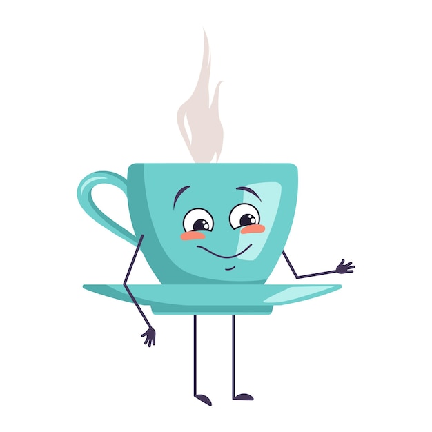 Lindo personaje sosteniendo una taza de té con emociones de alegría, cara sonriente, ojos felices, manos y pies. Una taza traviesa con un platillo para un café. Ilustración vectorial plana