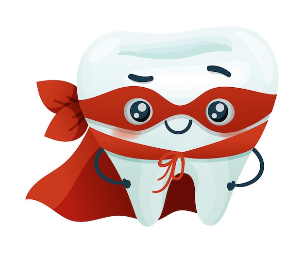 Lindo personaje de superhéroe de dientes felices con capa roja y máscara Cuidado bucal higiene bucal restauración de dientes concepto ilustración vectorial de dibujos animados