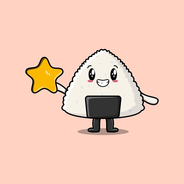 Lindo personaje de sushi de dibujos animados sosteniendo una gran estrella dorada en una linda ilustración de diseño de estilo moderno