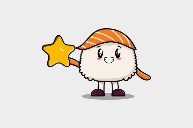 Lindo personaje de sushi de dibujos animados tiene una gran estrella dorada